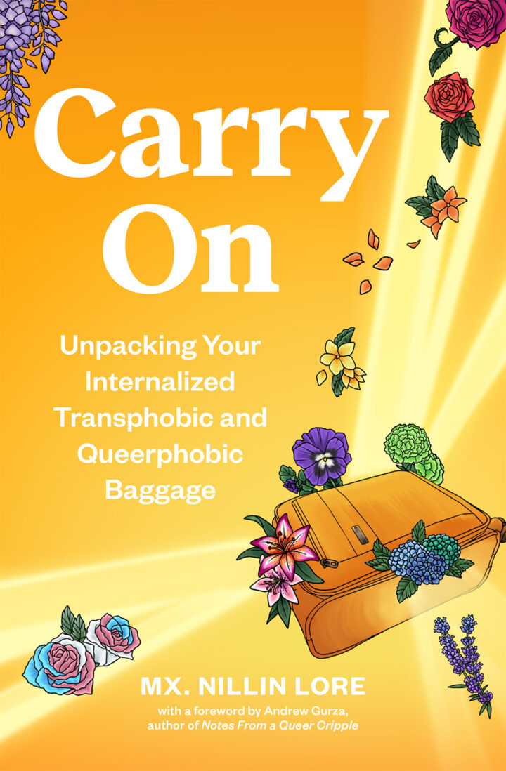 Cover for Carry On by Nillin Lore, showing sunbeams and flowers emerging from a suitcase.