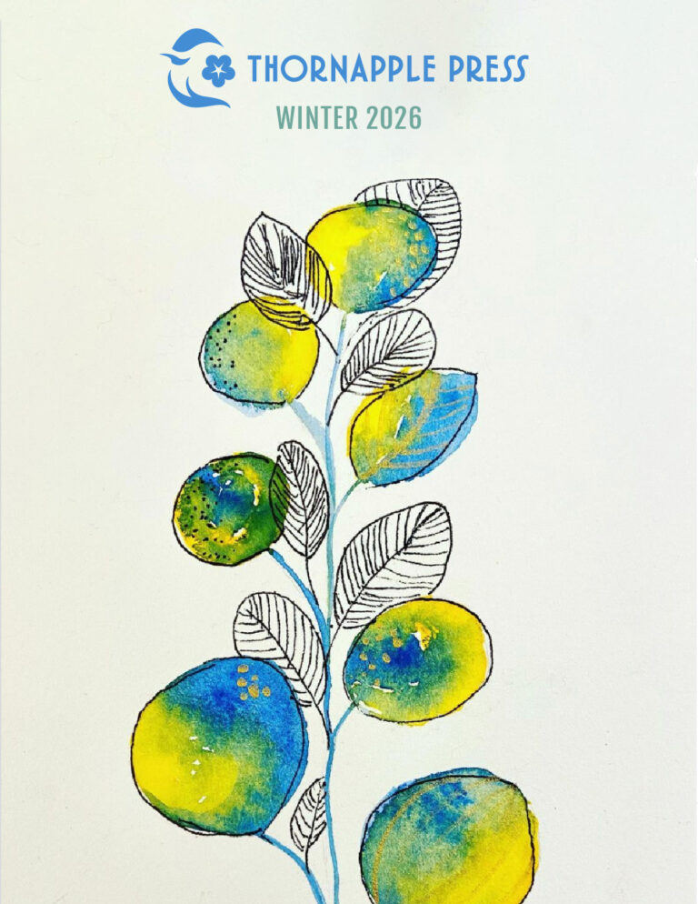 Illustration of a plant with "Thornapple Press Winter 2026" in blue text and bird logo in blue.